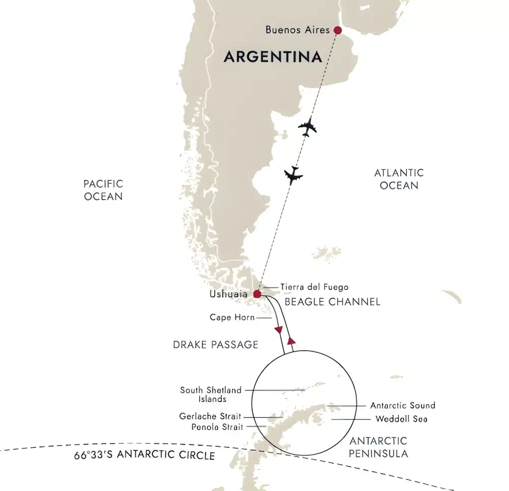 Route map from Buenos Aires and Ushuaia across the Drake Passage to the Antarctic Peninsula.