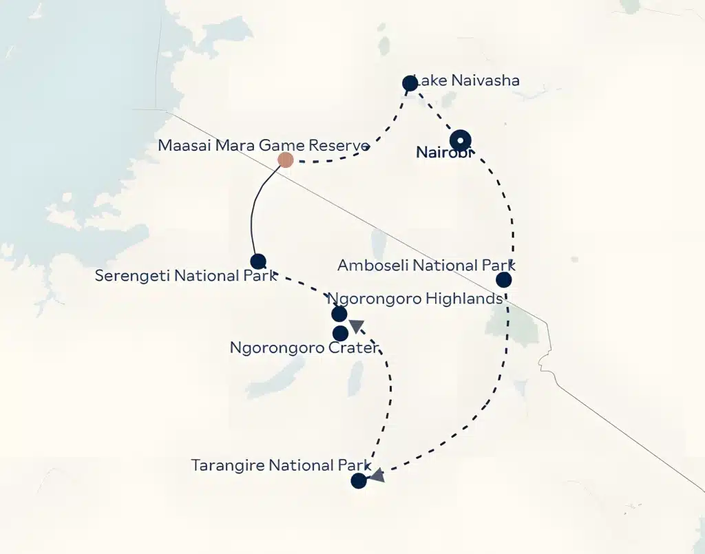 Safari map of Kenya and Tanzania from Nairobi via Amboseli, Tarangire, Ngorongoro Crater and Highlands, Serengeti, Maasai Mara Game Reserve and Lake Naivasha.