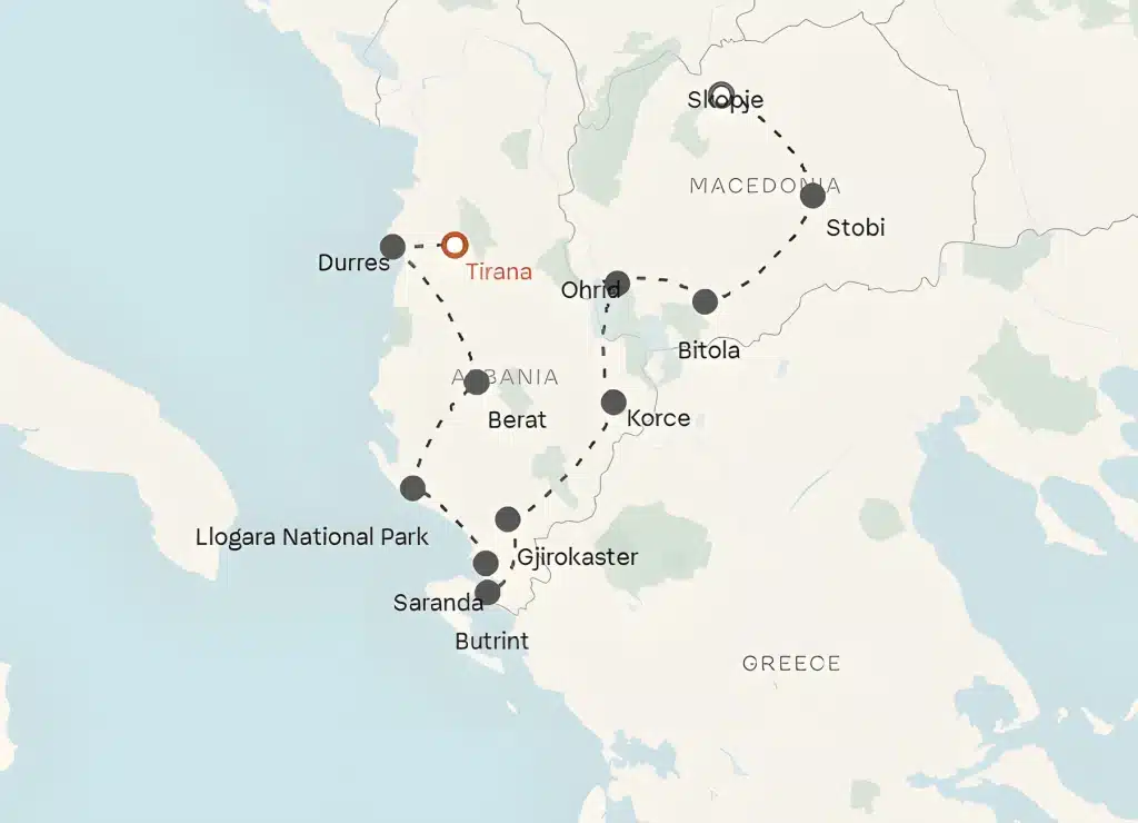 Tour map of Albania and North Macedonia from Tirana via Durres, Berat, Llogara National Park, Saranda, Butrint, Gjirokaster, Korce, Ohrid, Bitola and Stobi to Skopje.