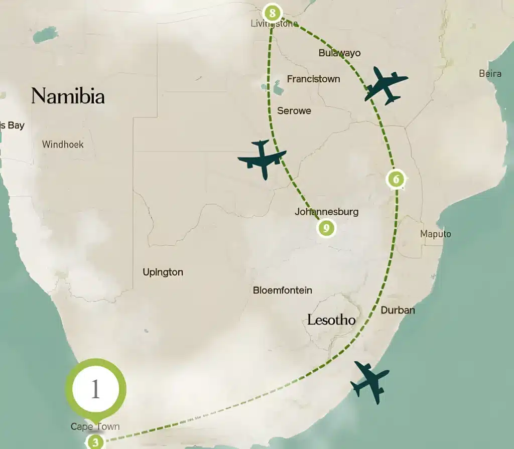 Tour map of southern Africa with flights from Cape Town to a stop near the Mozambique border, on to Livingstone, then to Johannesburg.
