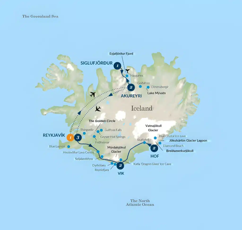 Tour map of Iceland from Reykjavík via the Golden Circle, Vik, Hof and Jökulsárlón Glacier Lagoon, then by air to Akureyri and Siglufjörður near Lake Mývatn.