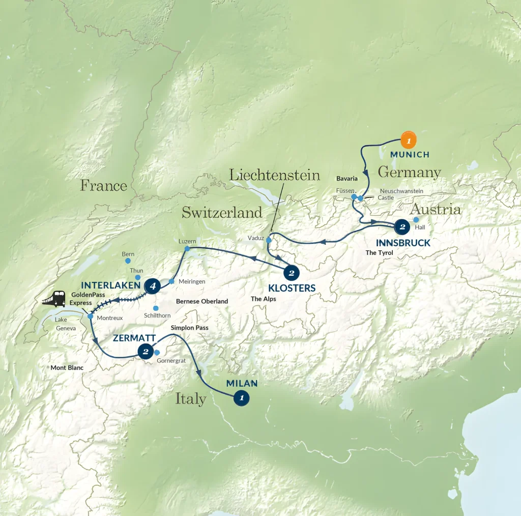 Tour map of the Alps from Munich via Neuschwanstein Castle, Innsbruck, Vaduz, Klosters, Luzern, Interlaken, GoldenPass Express to Montreux, then Zermatt to Milan.