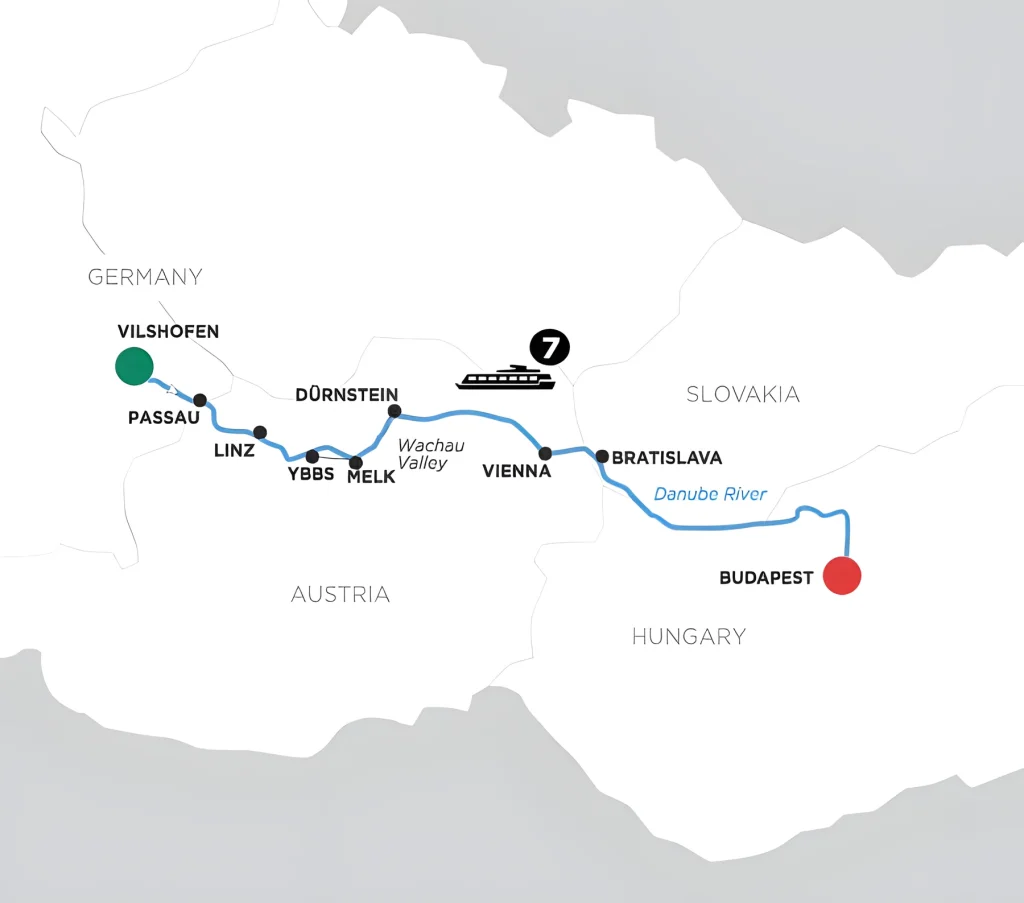 River cruise map along the Danube from Vilshofen via Passau, Linz, Ybbs, Melk, Dürnstein, the Wachau Valley, Vienna and Bratislava to Budapest.