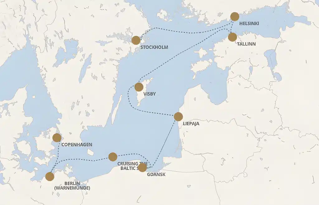 Baltic Sea cruise map linking Berlin (Warnemünde), Copenhagen, Gdansk, Liepaja, Visby, Stockholm, Helsinki and Tallinn.
