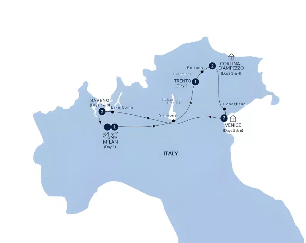 Map of northern Italy itinerary with stops at Milan, Lake Como, Sirmione, Trento, Bolzano, Cortina d'Ampezzo, and Venice.