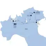 Map of northern Italy itinerary with stops at Milan, Lake Como, Sirmione, Trento, Bolzano, Cortina d'Ampezzo, and Venice.