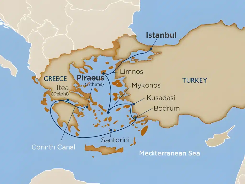 Cruise map from Istanbul via Limnos, Kusadasi, Bodrum, Mykonos, Santorini, the Corinth Canal and Itea (Delphi) to Piraeus (Athens).