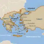 Cruise map from Istanbul via Limnos, Kusadasi, Bodrum, Mykonos, Santorini, the Corinth Canal and Itea (Delphi) to Piraeus (Athens).
