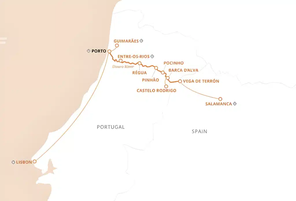 River cruise map from Lisbon to Porto and along the Douro River via Régua, Pinhão, Pocinho and Barca d'Alva to Vega de Terrón and Salamanca in Spain.