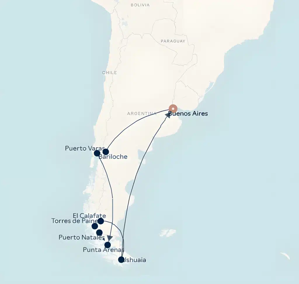 Map of South America showing travel routes from Buenos Aires to southern destinations, including Ushuaia, Punta Arenas, Puerto Natales, Torres del Paine, El Calafate, Bariloche, and Puerto Varas with curved lines connecting them.