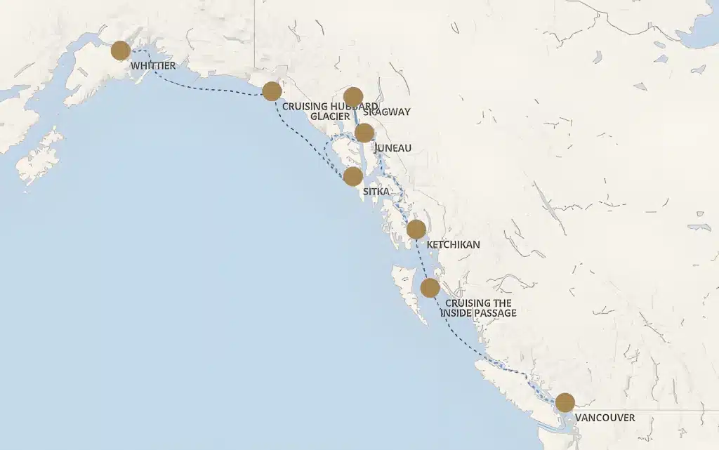Map of Alaska and British Columbia cruise route from Whittier and Vancouver through Juneau, Sitka and Ketchikan.