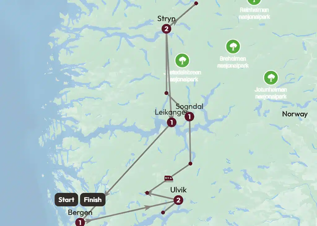 Tour map of western Norway's fjords from Bergen via Ulvik, Sogndal, Leikanger and Stryn, returning to Bergen.