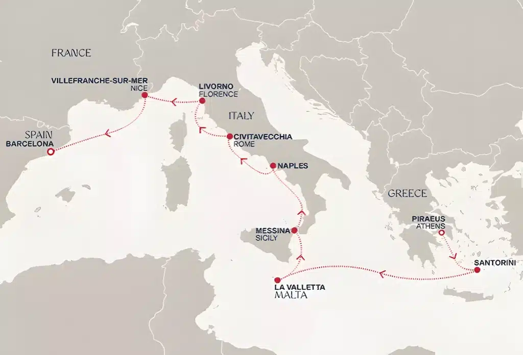 Cruise map from Piraeus (Athens) via Santorini, La Valletta, Messina, Naples, Civitavecchia (Rome), Livorno (Florence) and Villefranche-sur-Mer (Nice) to Barcelona.