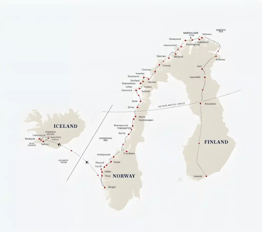Tour map from Helsinki via Rovaniemi, Inari and Kirkenes, then along Norway's coast past North Cape, Tromsø, Bodø and Trondheim to Bergen, with a flight to Reykjavik in Iceland.