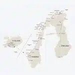 Tour map from Helsinki via Rovaniemi, Inari and Kirkenes, then along Norway's coast past North Cape, Tromsø, Bodø and Trondheim to Bergen, with a flight to Reykjavik in Iceland.