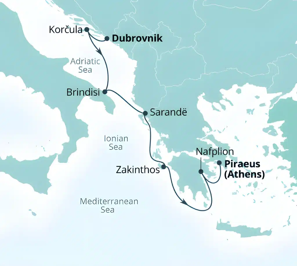 Map of a cruise itinerary: Piraeus (Athens) to Nafplion, Zakynthos, Sarandë, Brindisi, Dubrovnik, and Korčula across the Adriatic/Ionian Seas.