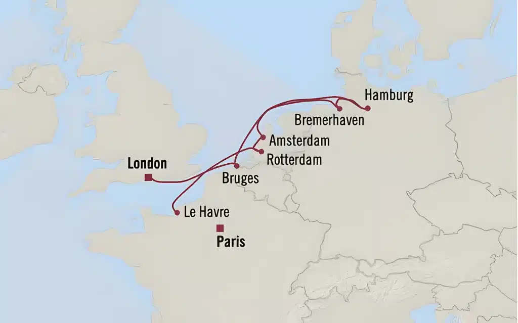 Map of Northern Europe cruise route from London and Le Havre to Bruges, Amsterdam, Rotterdam, Bremerhaven and Hamburg.