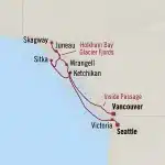 Cruise map from Seattle and Vancouver through the Inside Passage to Ketchikan, Wrangell, Sitka, Juneau, Skagway and the Holkham Bay glacier fjords in Alaska.