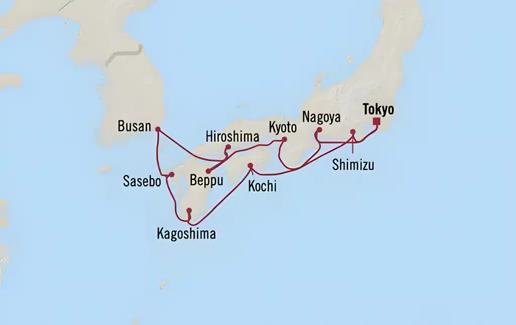 Map of Japan cruise route linking Tokyo, Kyoto, Busan, Hiroshima and Kagoshima ports.