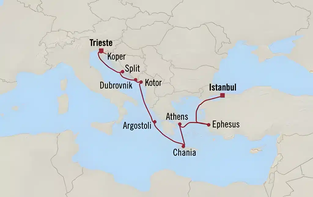Cruise map from Istanbul via Ephesus, Athens, Chania, Argostoli, Kotor, Dubrovnik, Split and Koper to Trieste.