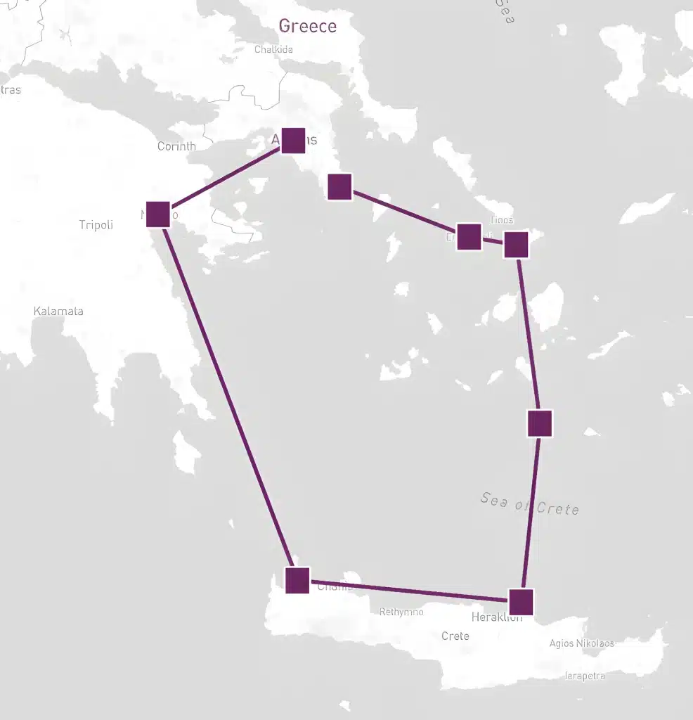 Sailing route map of Greece looping from the Athens area through the Aegean islands near Tinos to Heraklion and Chania on Crete.