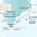 Cruise map from Reykjavík via Grundarfjörður and Scoresbysund around southern Greenland past Prins Christian Sund, Qaqortoq and Nuuk to Sisimiut and Kangerlussuaq.