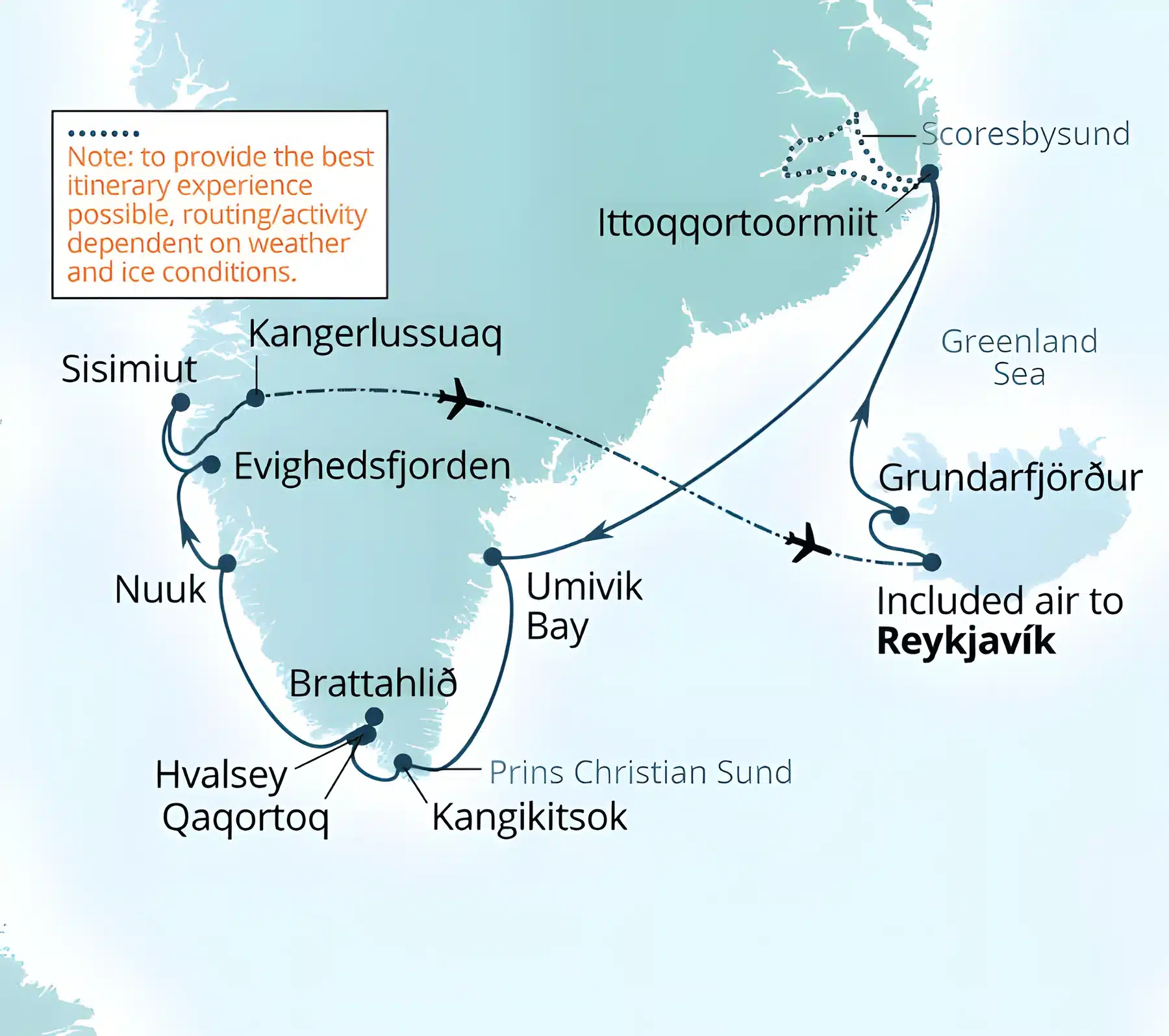 Cruise map from Reykjavík via Grundarfjörður and Scoresbysund around southern Greenland past Prins Christian Sund, Qaqortoq and Nuuk to Sisimiut and Kangerlussuaq.