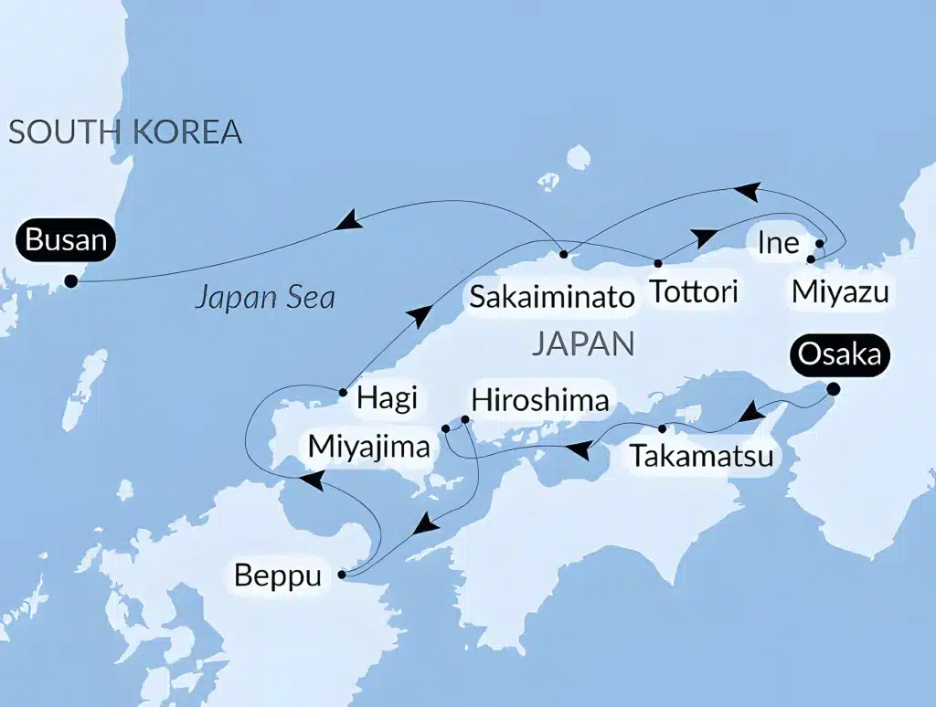 Cruise map from Osaka via Takamatsu, Hiroshima, Miyajima, Beppu, Hagi, Sakaiminato, Tottori and Miyazu across the Japan Sea to Busan in South Korea.
