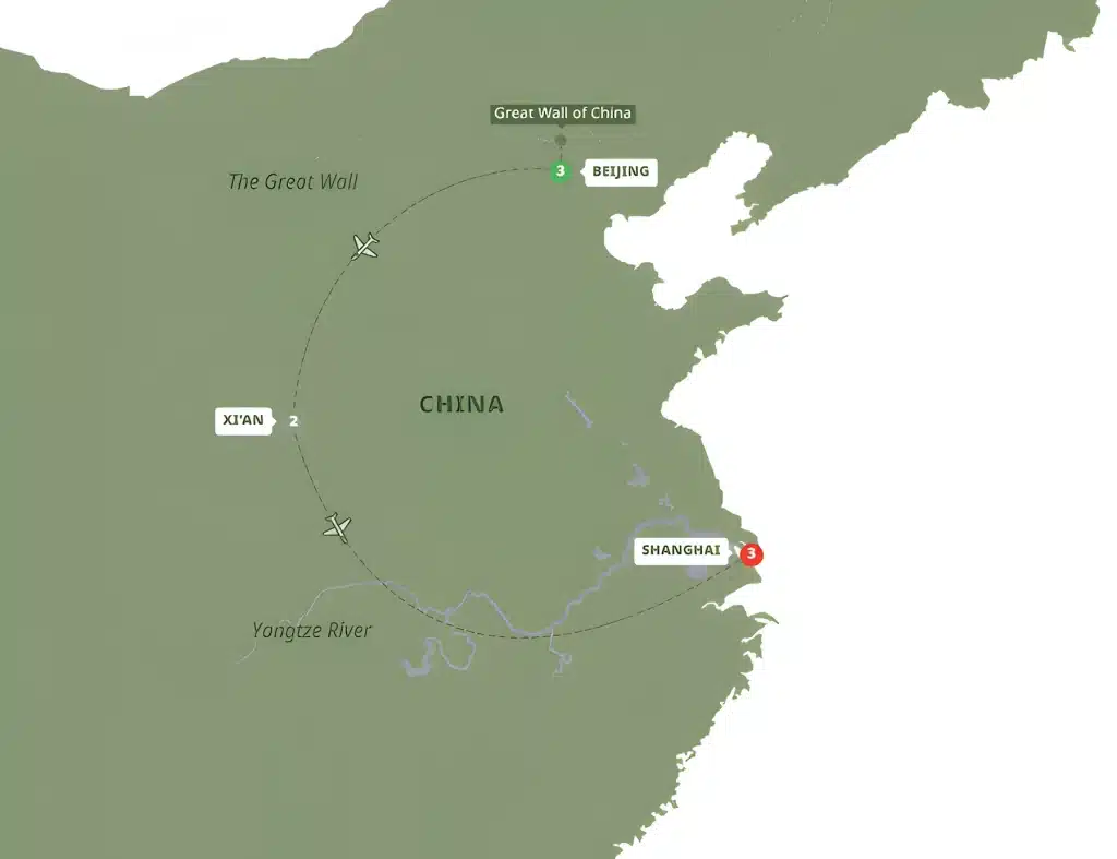 Map of China highlighting a circular travel route with stops at Shanghai, Xi'an, and Beijing; airplane icons along the dashed path, plus labels for the Great Wall of China and the Yangtze River.