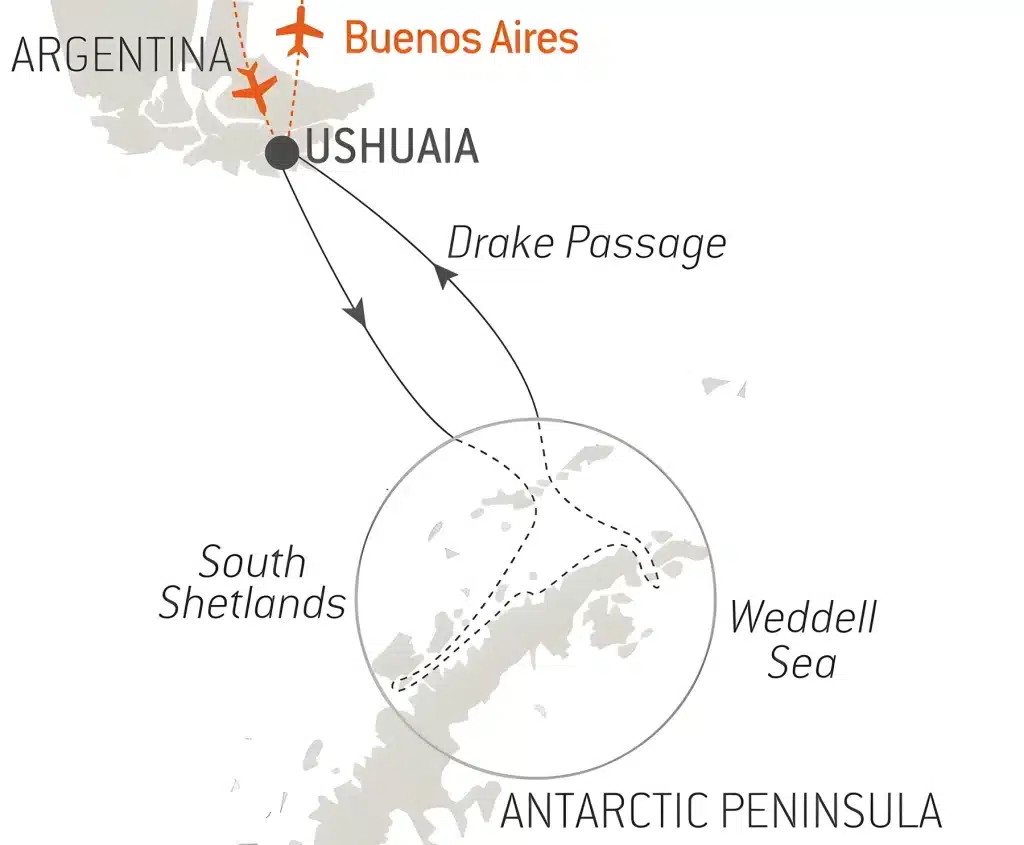 Cruise map from Ushuaia across the Drake Passage to the South Shetlands and Antarctic Peninsula near the Weddell Sea, with flights from Buenos Aires.