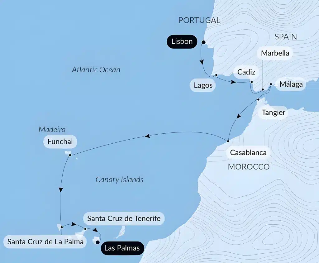 Cruise map from Lisbon via Lagos, Cadiz, Marbella, Málaga, Tangier, Casablanca, Funchal, Santa Cruz de La Palma and Santa Cruz de Tenerife to Las Palmas.