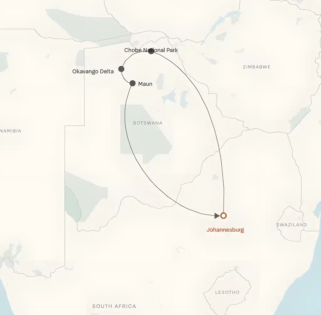 Safari map from Johannesburg in South Africa to Maun, the Okavango Delta and Chobe National Park in Botswana.