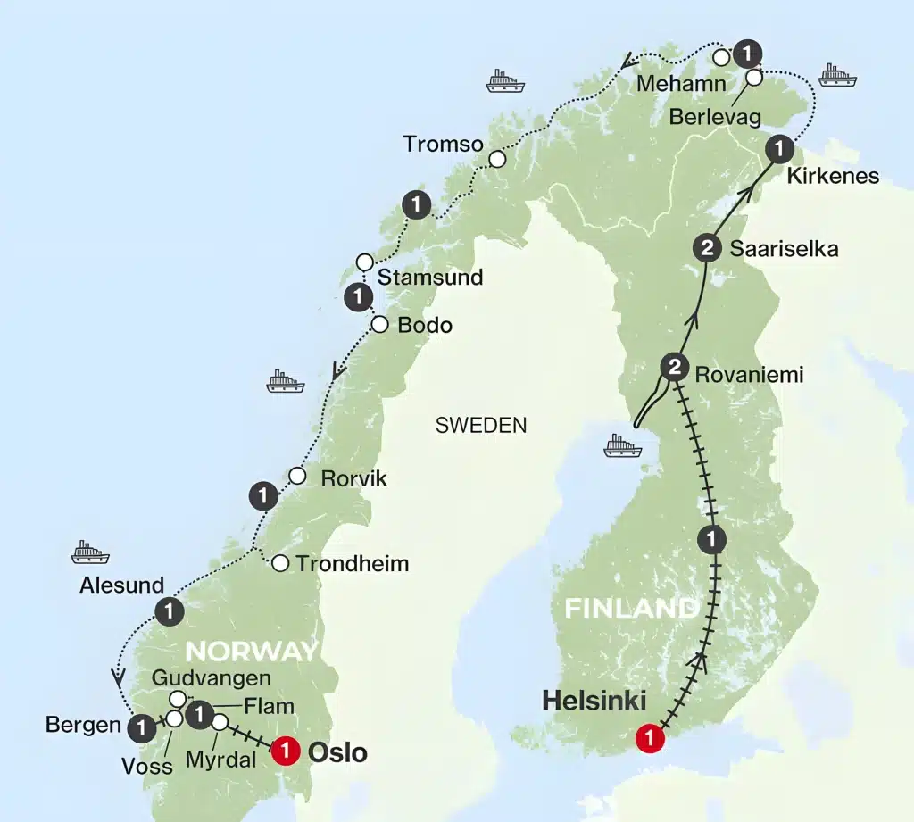 Tour map from Helsinki by rail via Rovaniemi and Saariselka to Kirkenes, then by ship along Norway's coast via Tromso, Bodo and Trondheim to Bergen and on to Oslo.