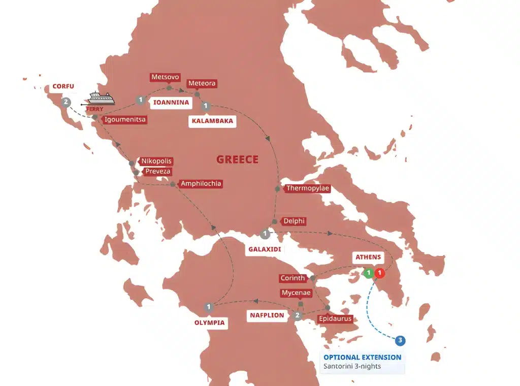 Tour map of Greece from Athens via Corinth, Nafplion, Olympia, Corfu, Ioannina, Meteora, Delphi and Galaxidi, with an optional Santorini extension.