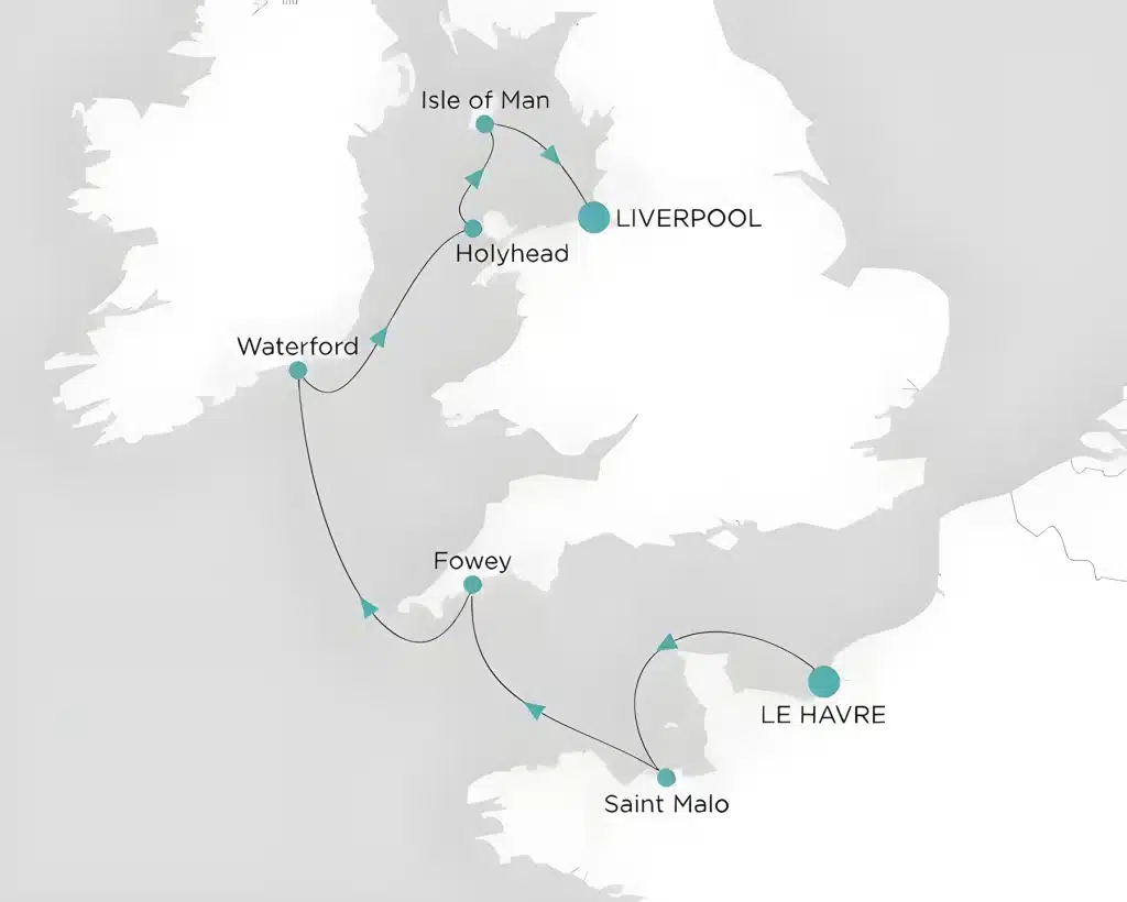 Cruise map from Le Havre via Saint Malo, Fowey, Waterford, Holyhead and the Isle of Man to Liverpool.