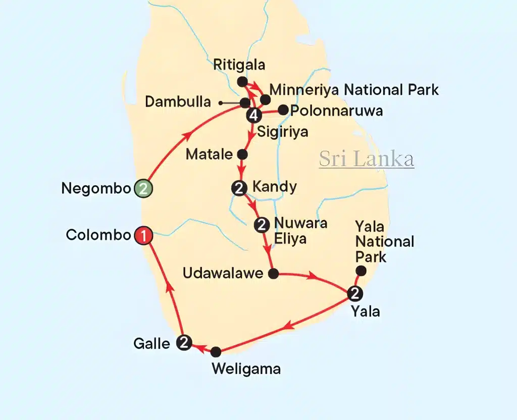 Tour map of Sri Lanka linking Negombo, Dambulla, Sigiriya, Polonnaruwa, Kandy, Nuwara Eliya, Yala, Galle and Colombo.