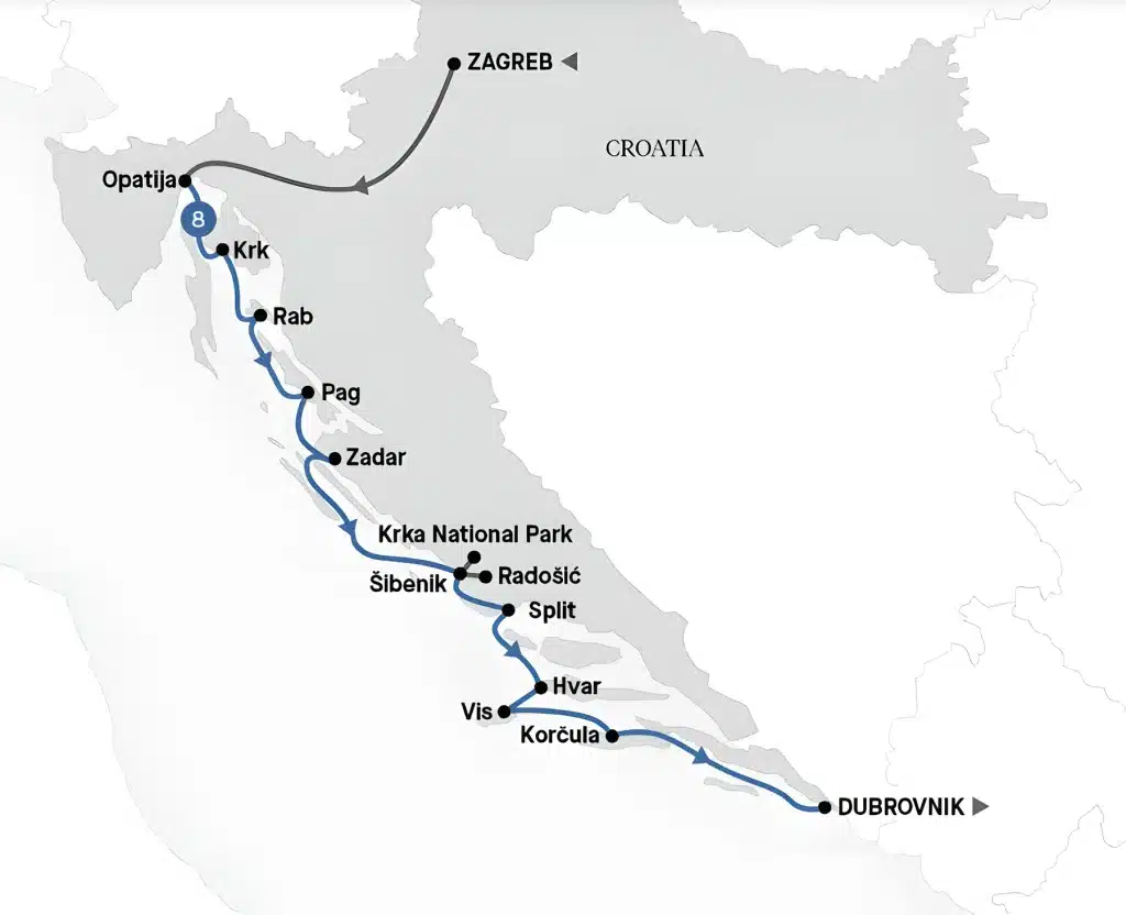 Map of Croatia's Dalmatian coast showing a travel route from Zagreb to Dubrovnik with stops at Opatija, Krk, Rab, Pag, Zadar, Krka National Park, Šibenik, Radošić, Split, Vis, Hvar, and Korčula.