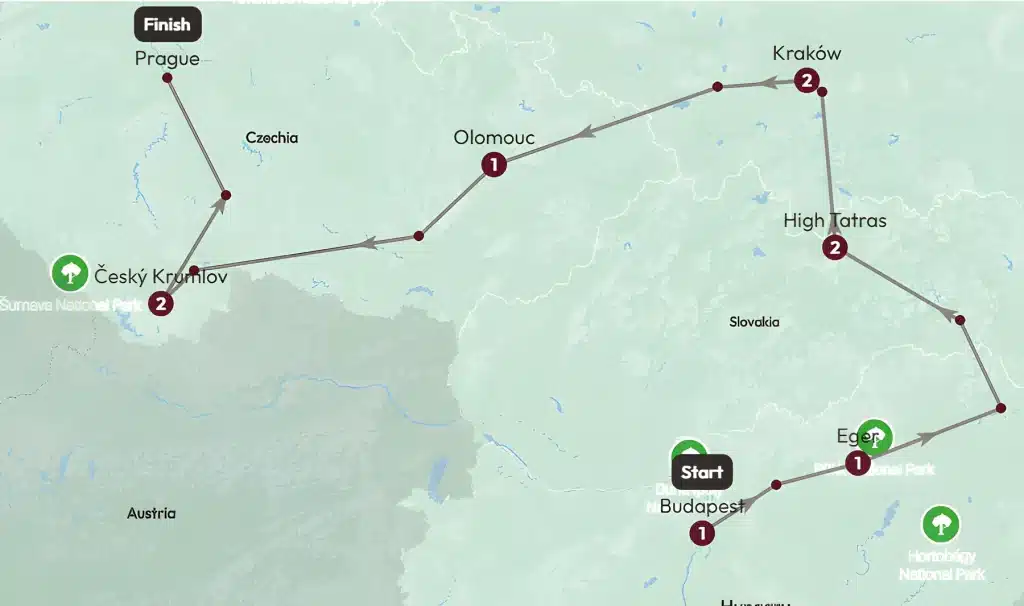 Tour map from Budapest via Eger, the High Tatras, Kraków, Olomouc and Český Krumlov to Prague.