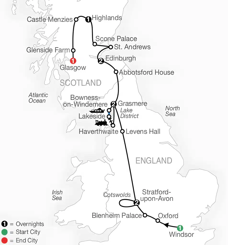 Tour map from Windsor via Oxford, Stratford-upon-Avon, the Lake District, Edinburgh, St. Andrews and the Highlands to Glasgow.