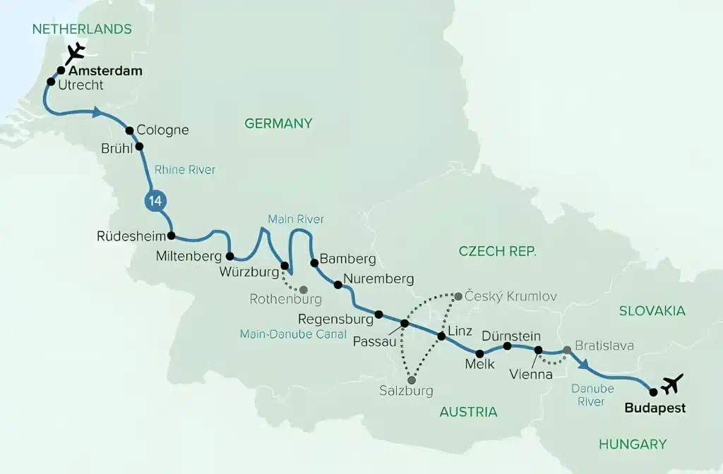 River cruise map from Amsterdam along the Rhine, Main and Danube via Cologne, Rüdesheim, Würzburg, Nuremberg, Passau, Vienna and Bratislava to Budapest.