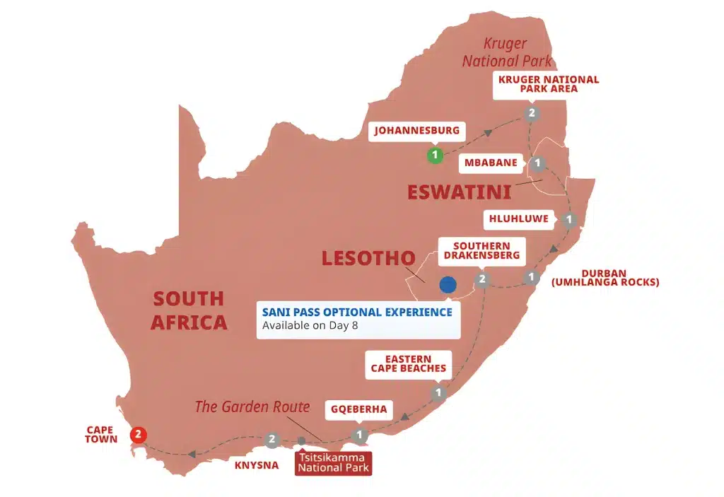 Tour map of South Africa from Johannesburg via Kruger National Park, Eswatini, Hluhluwe, Durban, the Drakensberg and the Garden Route to Cape Town.