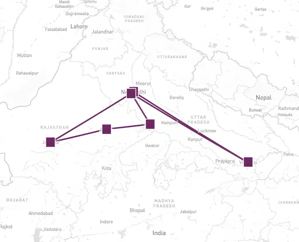 Tour map of northern India linking New Delhi with Jodhpur and Varanasi via cities in Rajasthan and Uttar Pradesh.