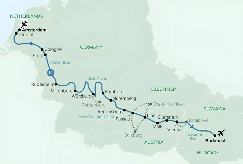 River cruise map from Amsterdam along the Rhine, Main and Danube via Cologne, Rüdesheim, Würzburg, Nuremberg, Passau, Vienna and Bratislava to Budapest.