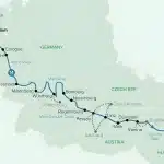 River cruise map from Amsterdam along the Rhine, Main and Danube via Cologne, Rüdesheim, Würzburg, Nuremberg, Passau, Vienna and Bratislava to Budapest.