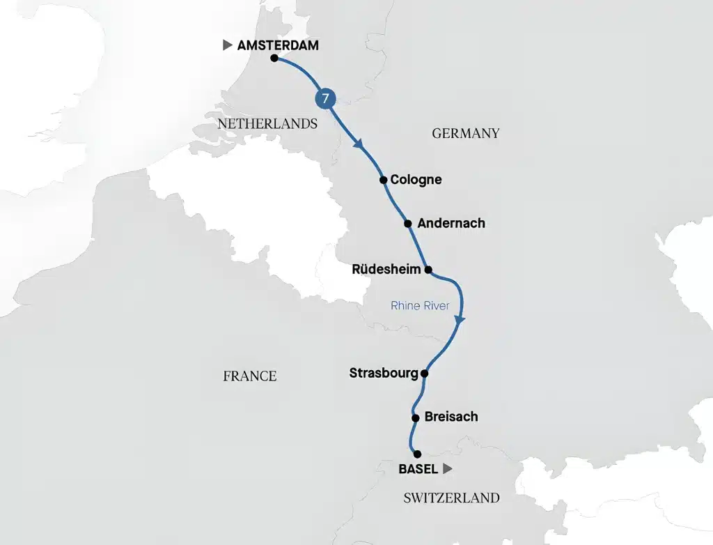 Map showing a blue curved route along the Rhine from Amsterdam to Basel with stops at Cologne, Andernach, Rüdesheim, Strasbourg, and Breisach, plus Basel at the bottom.