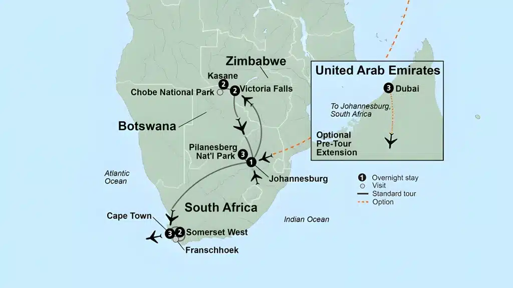 Tour map linking Johannesburg, Pilanesberg National Park, Victoria Falls, Chobe National Park, Cape Town and Franschhoek, with an optional Dubai pre-tour extension.