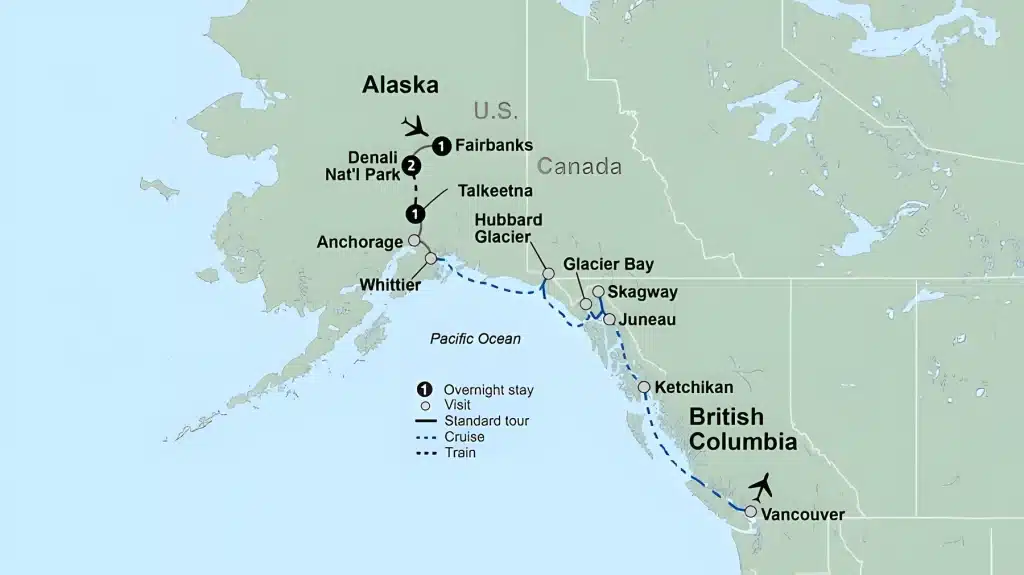 Tour map linking Fairbanks, Denali National Park, Talkeetna and Anchorage with a cruise from Whittier via Hubbard Glacier, Glacier Bay, Skagway, Juneau and Ketchikan to Vancouver.