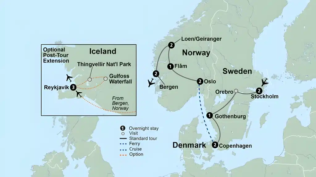 Tour map of Scandinavia linking Copenhagen, Gothenburg, Stockholm, Oslo, Flåm, Loen/Geiranger and Bergen, with an optional Reykjavík extension in Iceland.