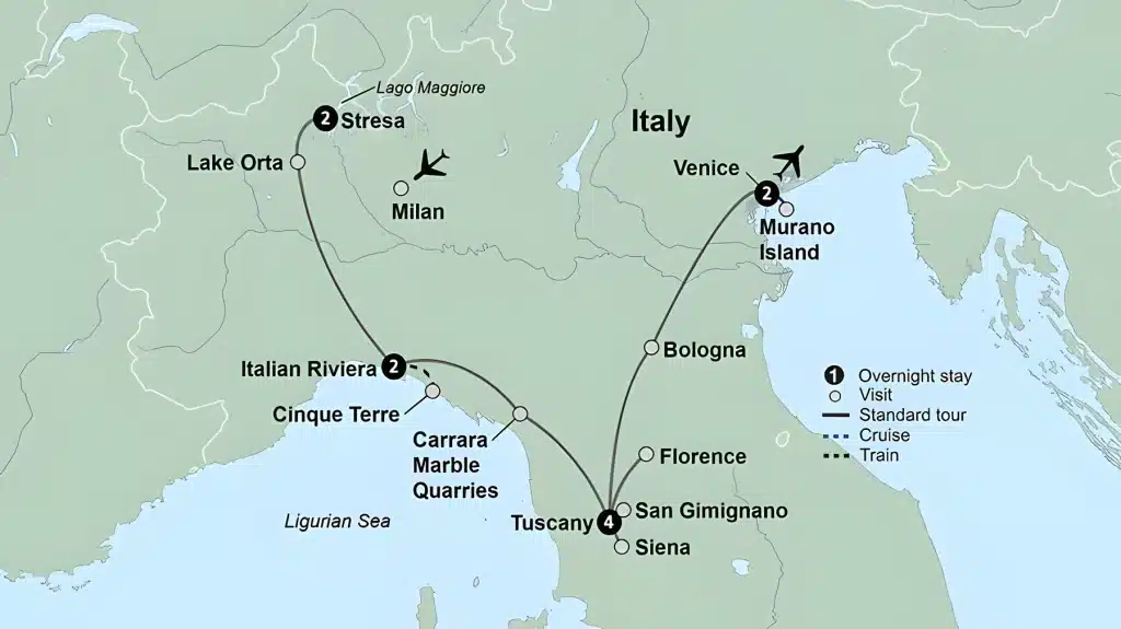 Tour map of northern Italy linking Stresa, Lake Orta, the Italian Riviera, Cinque Terre, Tuscany, Siena, Florence, Bologna and Venice.