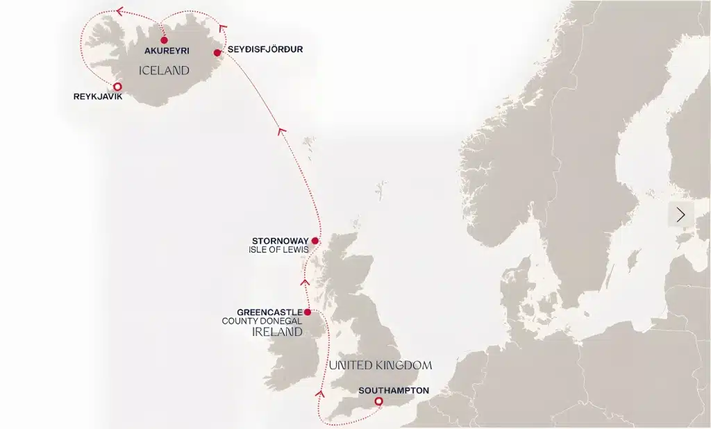 Cruise map from Southampton via Greencastle, Stornoway, Seyðisfjörður and Akureyri to Reykjavik, sailing past the UK and Ireland to Iceland.